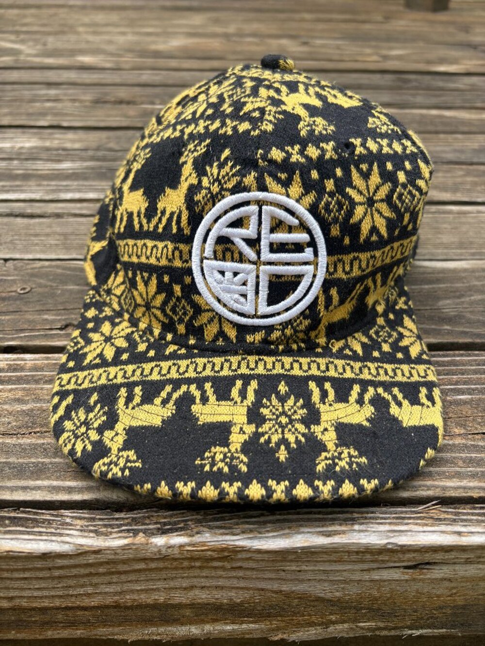 Red Label Clothing Nordic Fair Isle Snapback Hat Black Gold Reindeer Snowflake